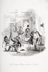 O gerente do país ensaia um combate, ilustração de "Nicholas Nickleby" de Charles Dickens (1812-1870) publicado em 1839